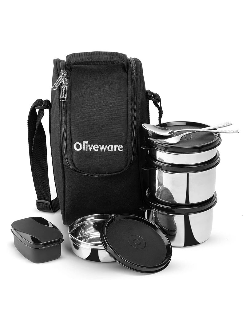 Executive Leak Proof Stainless Steel Full Meal Lunch Box With Insulated Fabric Bag (Black)