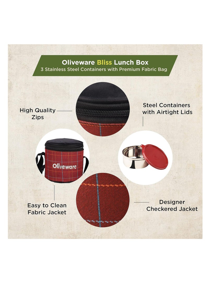 Bliss Lunch Box, 100% Leak Proof, 3 Stainless Steel Containers with BPA Free Airtight Lids (300 ml, 450 ml, 600 ml), Fabric Bag - Red