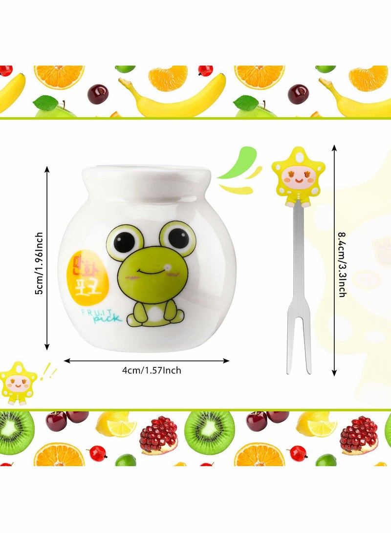 Fruit Fork, Cartoon Animal Silicone Handle Stainless Steel Kids Salad Reusable With Ceramic Storage Jar Food Toothpicks Suitable For Dessert Snacks