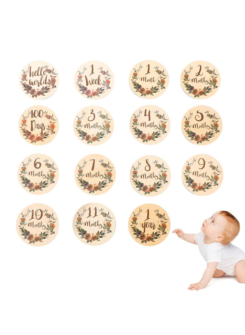 Baby Monthly Milestone 15 Pieces Milestone Numbers Props Wooden Newborn Welcome Discs Sign Baby Milestone Cards Weekly Monthly Growth Milestone Signs Baby Announcement Props For Boys Girls Photo Prop