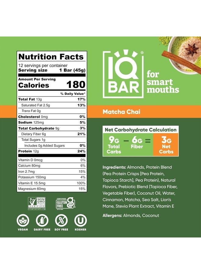 Brain and Body Plant Protein Bars - Matcha Chai - 12 Count, Low Carb, High Fiber, Gluten Free, Healthy Vegan Snacks - Low Sugar Keto Bar Pack