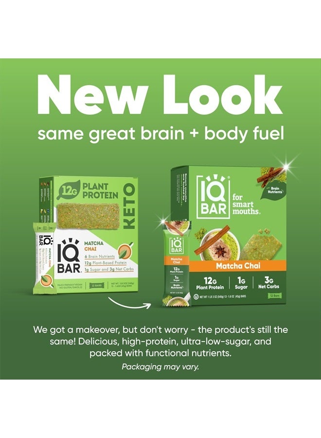 Brain and Body Plant Protein Bars - Matcha Chai - 12 Count, Low Carb, High Fiber, Gluten Free, Healthy Vegan Snacks - Low Sugar Keto Bar Pack