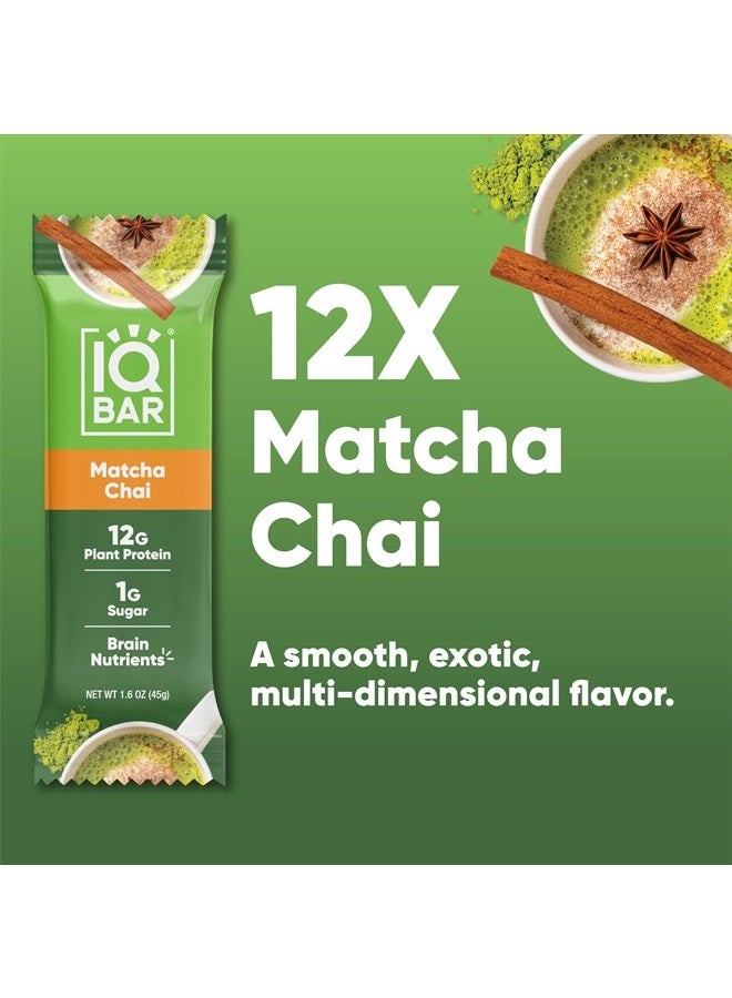 Brain and Body Plant Protein Bars - Matcha Chai - 12 Count, Low Carb, High Fiber, Gluten Free, Healthy Vegan Snacks - Low Sugar Keto Bar Pack