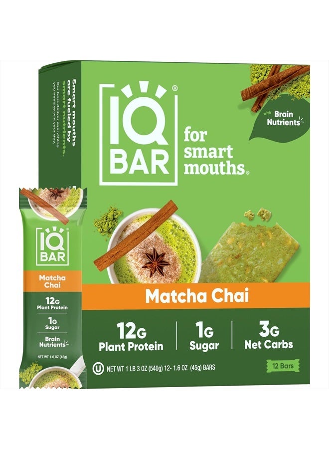 Brain and Body Plant Protein Bars - Matcha Chai - 12 Count, Low Carb, High Fiber, Gluten Free, Healthy Vegan Snacks - Low Sugar Keto Bar Pack