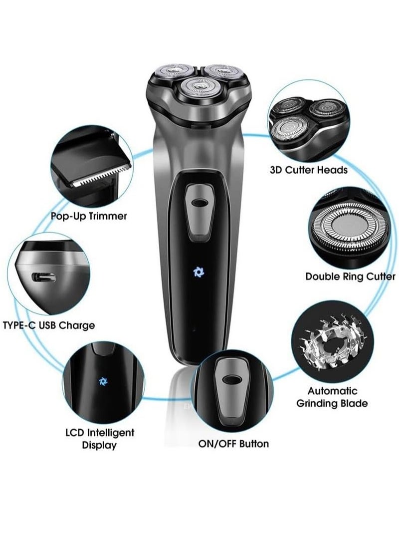 Electric Razor for Men, Rechargeable Electric Rotary Shaver, Washable Shaving Head, USB Type-C 1 Hour Fast USB Charging, 3D Floating Head, Gifts for Fathers（Black）
