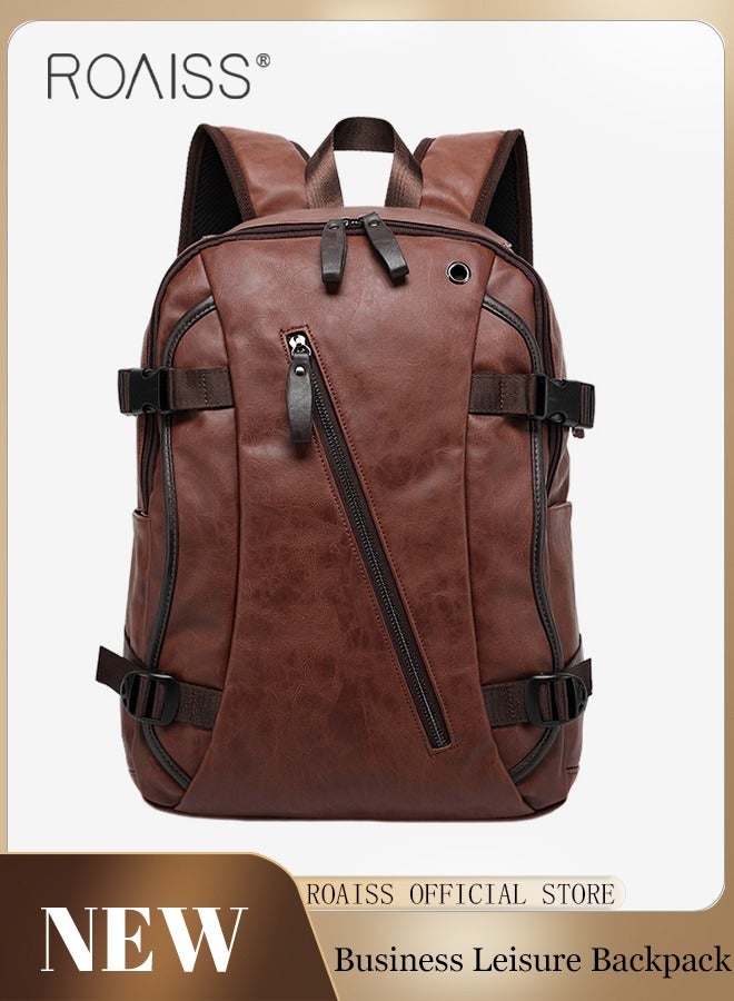 Large-Capacity Leather Backpack Men'S Daily Commuting School Business Fashion Versatile Waterproof Retro Computer School Bag