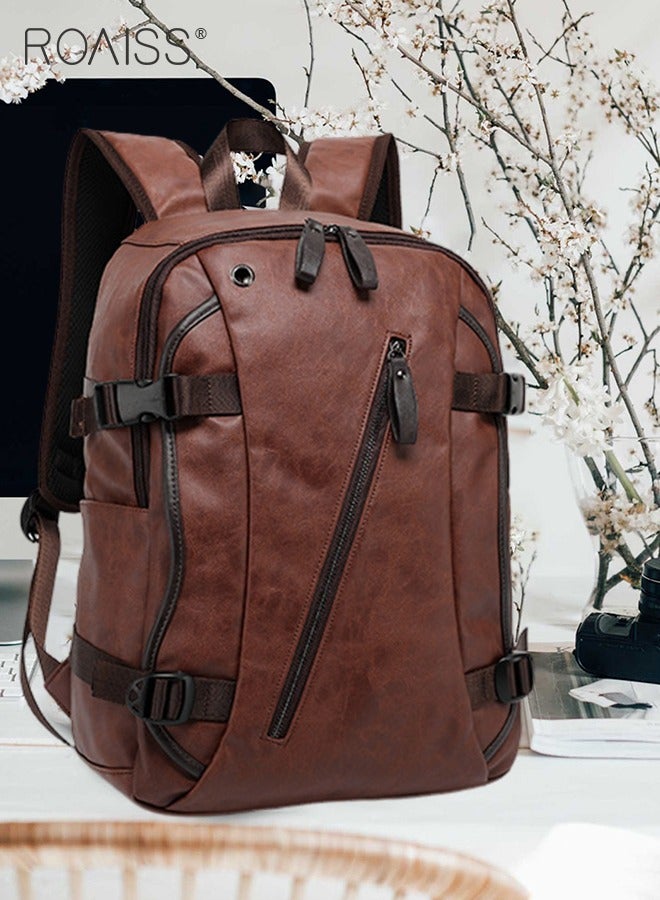 Large-Capacity Leather Backpack Men'S Daily Commuting School Business Fashion Versatile Waterproof Retro Computer School Bag