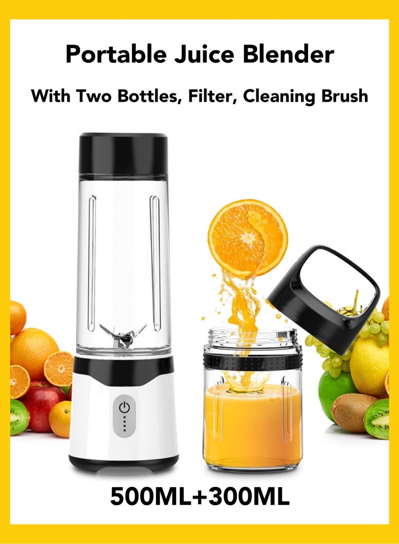 2-in-1 Personal Size Juice Blender Smoothie Maker with 500ML & 300 Tritan To Go Bottle & Lid, 30s High Speed Portable Rechargeable Juicer Milkshake Maker for Kitchen Office Gym Travel