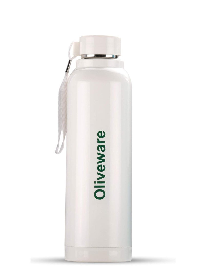 Aura Insulated Stainless Steel Bottle| Keep Hot & Cold for Long Hours | Fits Bags & Fridge | Strap for Easy Carry - 690ml -White (Cream)