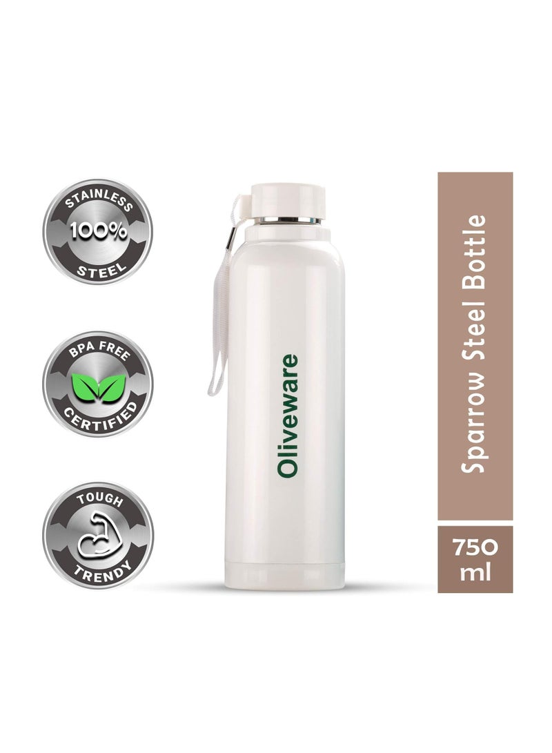 Aura Insulated Stainless Steel Bottle| Keep Hot & Cold for Long Hours | Fits Bags & Fridge | Strap for Easy Carry - 690ml -White (Cream)