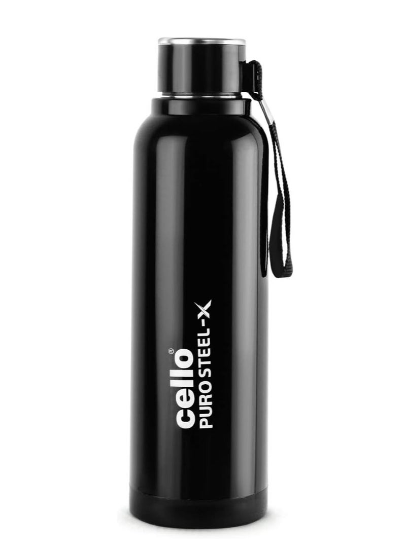 Puro Steel-X Benz 900 | Leak Proof| Wide Mouth & Easy to Open | Insulated Inner Steel Outer Plastic Water Bottle | 730 | Black