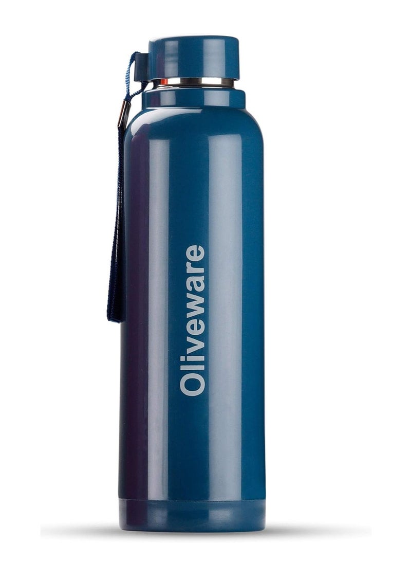 Aura Insulated Stainless Steel Bottle| Keep Hot & Cold for Long Hours | Fits Bags & Fridge | Strap for Easy Carry - 690ml Blue