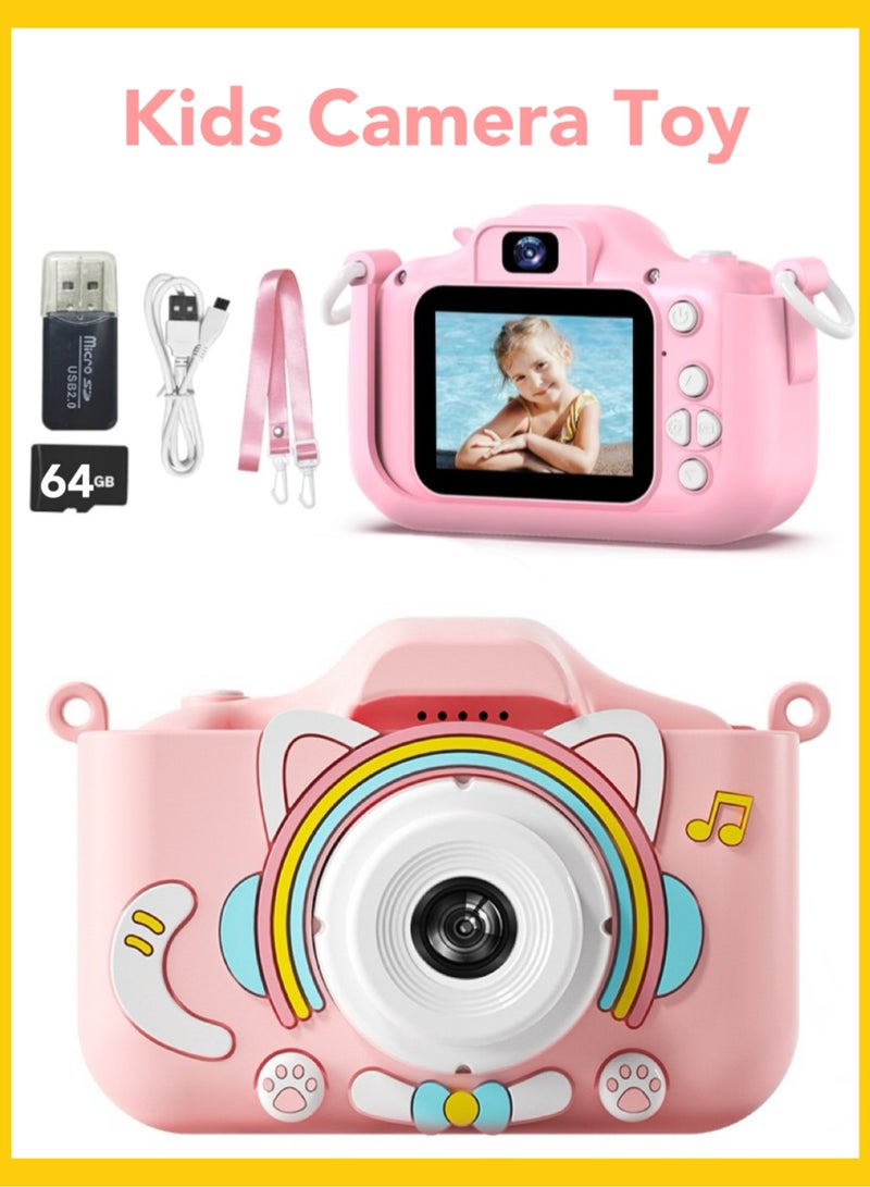 Kids Camera Toy for Girls Boys, 64GB LED Rechargeable Kids Toy Digital Camera for Toddlers 6+ Years Old Kids Toys Birthdays Gift Games, Photos Selfies 1080P Videos Stickers MP3 Timer Functions