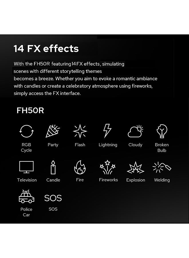 FH50R Flexible LED Light 62W RGB Photography Light 2500K-10000K CRI≥96 with 14 Lighting Effects Support BT Connection App Control DC/NP-F/V-mount Battery Power Supply with Stand Adapter