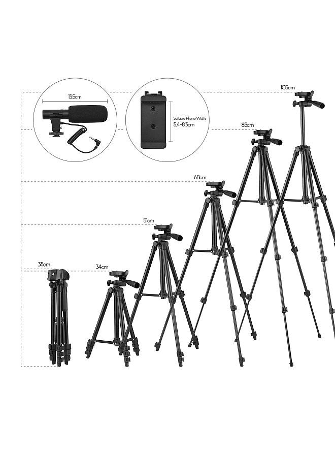 Phone Vlog Video Kit with Height Adjustable Tripod Phone Holder with Cold Shoe Microphone LED Video Light Remote Shutter for Phone Camera Video Making
