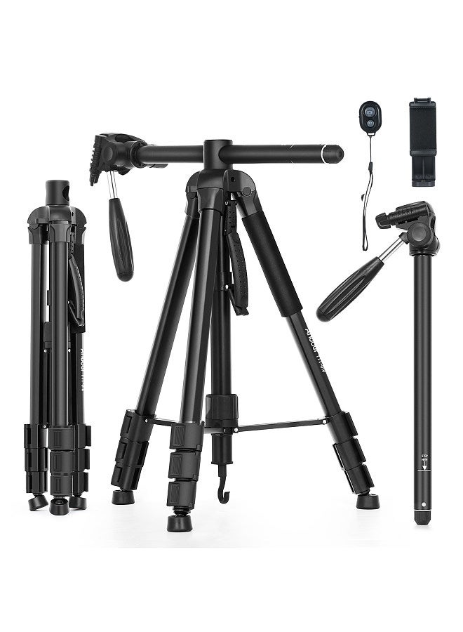 TTT-010 180CM/70.87Inch Portable Photography Tripod Monopod Camera Horizontal Tripod Stand Aluminum Alloy 360° Rotatable 5kg/11lbs Load Capacity with Phone Clip Remote Shutter Replacement