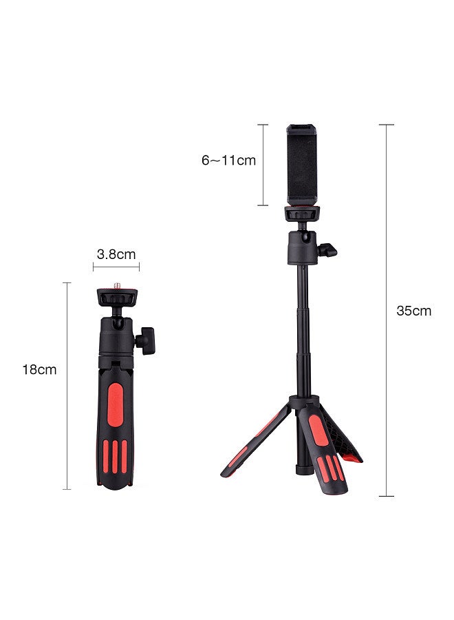 M12 Portable Mini Tripod 3 Sections Extendable with Rotatable Ball Head Phone Clip 1/4 Inch Screw for Camera Smartphone Live Stream Video Shooting Selfie