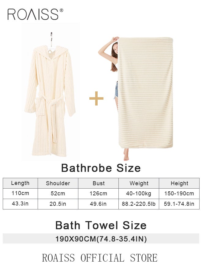 2 Piece Bath Set for Women and Men Thicken Absorbent Bathrobe and Bath Towel in Striped Pattern Coral Fleece Sleepwear Autumn Winter Ladies Lightweight Soft Non Shedding Robe with Hood