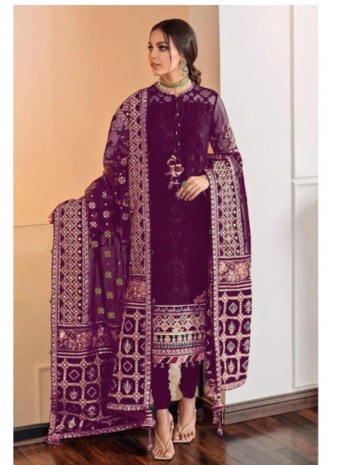 Women's Pakistani Wear Embroidery Work Semi Stitched Purple Dress