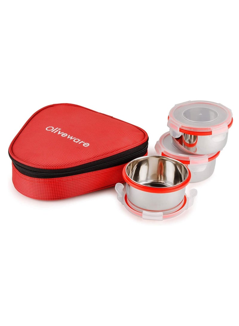 Freshy Lunch Box, Leak Proof, 3 Stainless Steel Containers with BPA Free Lid (300ml) Each, Fabric Bag - Red