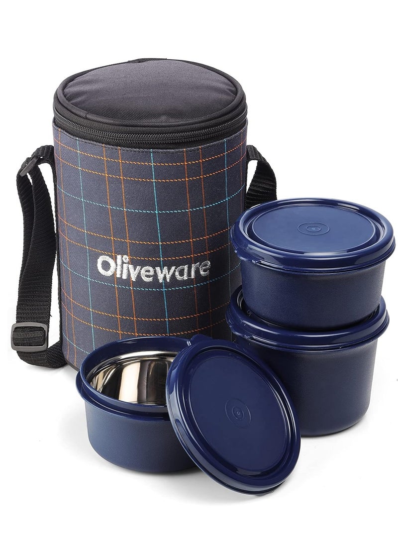 Amber Lunch Box, Microwave Safe & Leak Proof, 3 Inside Steel Containers with BPA Free Lids (2 * 450ml & 600ml), Fabric Bag - Blue