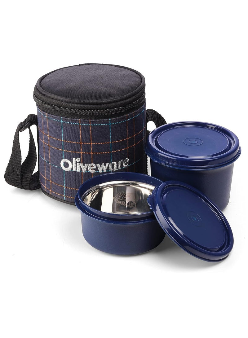 Cleo Microwave Safe Leak Proof 2 Stainless Steel Full Meal Containers with Insulated Fabric Bag (Blue)