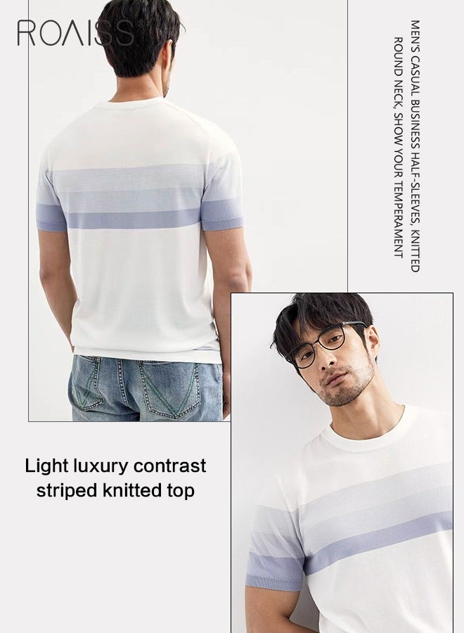 Men's Casual Contrast Striped Knitted T-Shirt Lightweight And Breathable Gradient Fashion Versatile Short Sleeved Round Neck Top