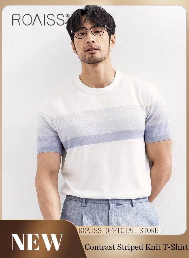 Men's Casual Contrast Striped Knitted T-Shirt Lightweight And Breathable Gradient Fashion Versatile Short Sleeved Round Neck Top