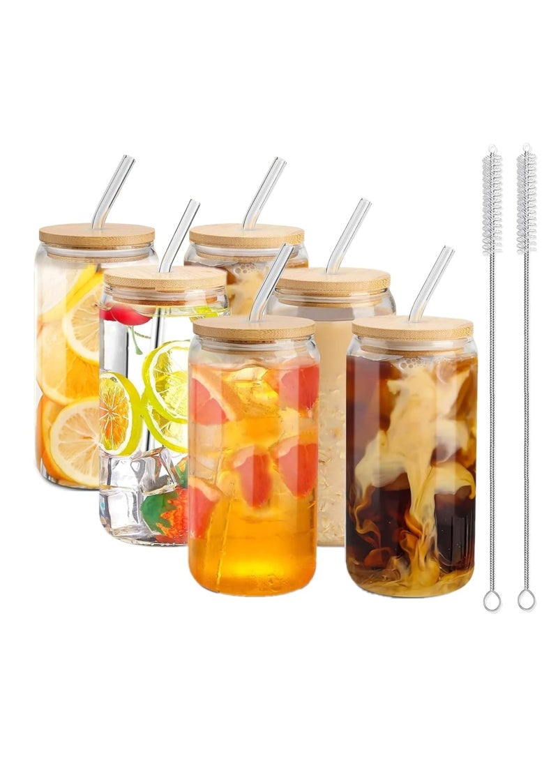 Tycom Drinking Glasses with Bamboo Lids and Glass Straw, 500ml Beer Can Shaped Glass Cups, Tumbler Cup Ideal For Beer, Tea, Soda, Iced Coffee (6pc, 500ml)
