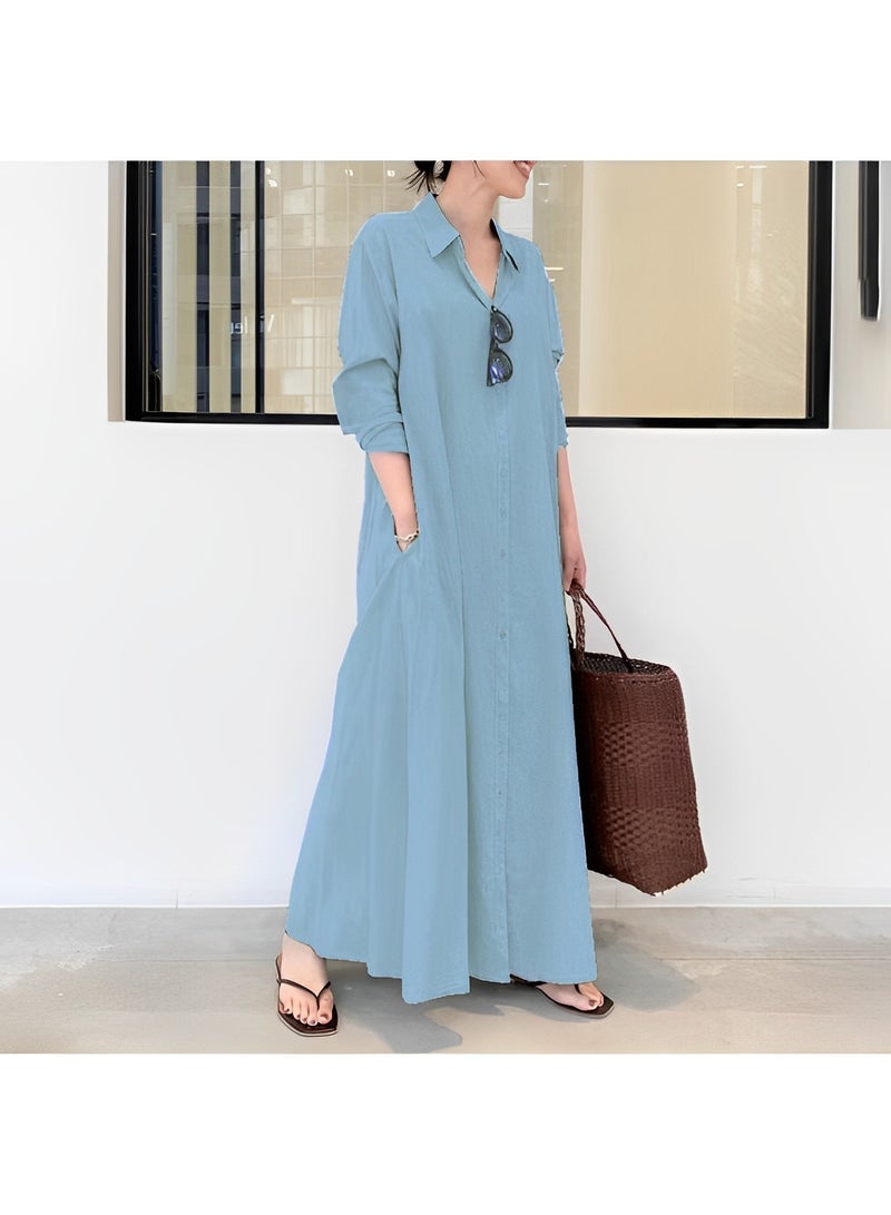 Women's Shirt Dress with Basic Loose Fit Solid Color Long Sleeved Simple Casual Long Dress Slim Dress with Pockets