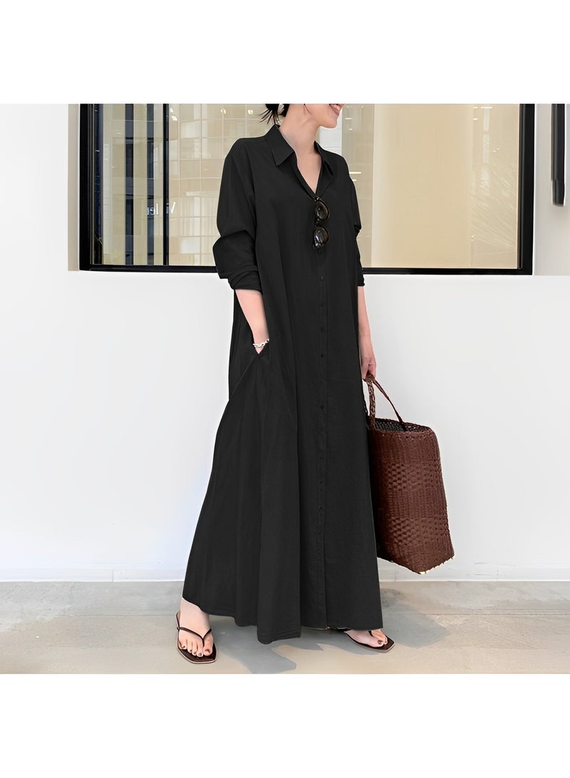 Women's Shirt Dress with Basic Loose Fit Solid Color Long Sleeved Simple Casual Long Dress Slim Dress with Pockets