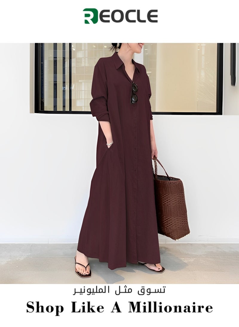 Women's Shirt Dress with Basic Loose Fit Solid Color Long Sleeved Simple Casual Long Dress Slim Dress with Pockets
