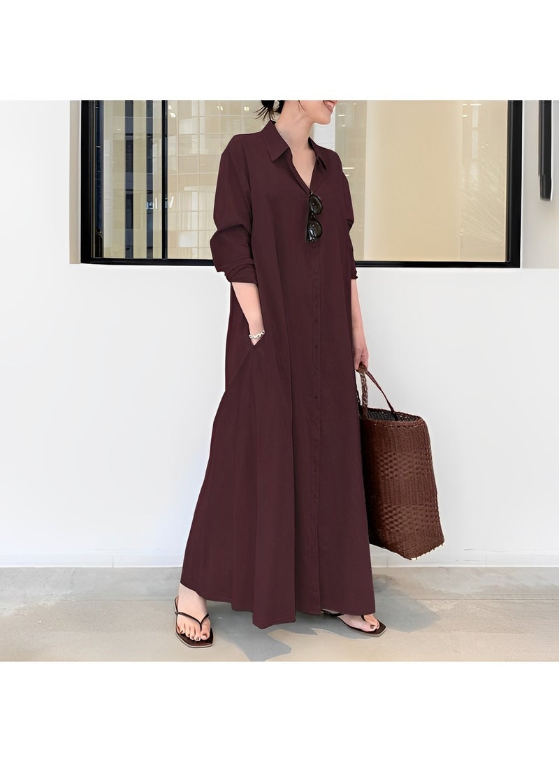 Women's Shirt Dress with Basic Loose Fit Solid Color Long Sleeved Simple Casual Long Dress Slim Dress with Pockets