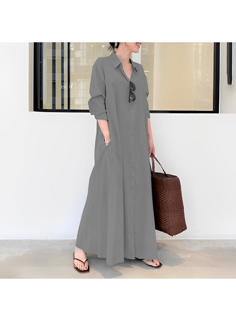 Women's Shirt Dress with Basic Loose Fit Solid Color Long Sleeved Simple Casual Long Dress Slim Dress with Pockets