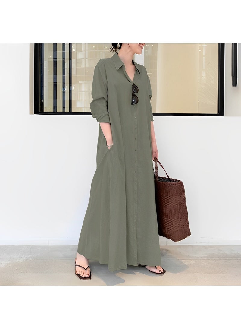 Women's Shirt Dress with Basic Loose Fit Solid Color Long Sleeved Simple Casual Long Dress Slim Dress with Pockets
