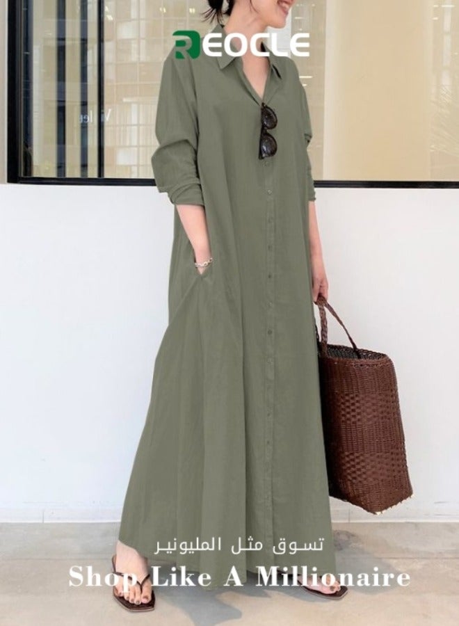 Women's Shirt Dress Beautiful Maxi Dress Long Long Sleeve Plain Large Size Loose Body Covering Large Size Slim Natural Simple Short Outer Cover Spring Summer and Autumn Green