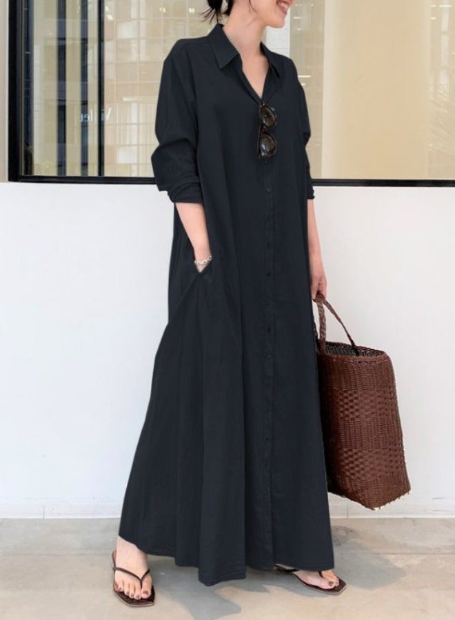 Women's Shirt Dress Beautiful Maxi Dress Long Long Sleeve Plain Large Size Loose Body Covering Large Size Slim Natural Simple Short Outer Cover Spring Summer and Autumn Black