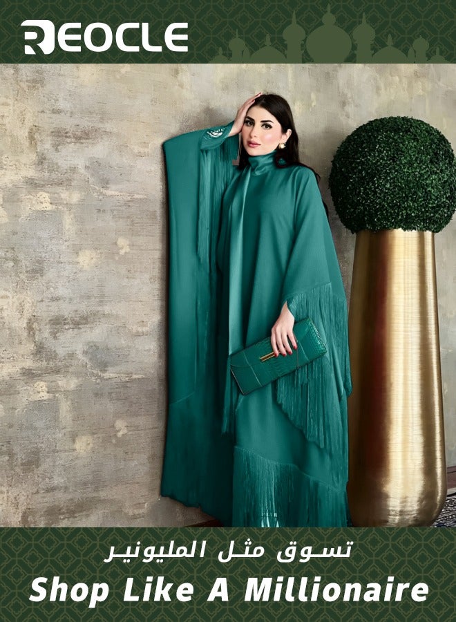 Women's Summer Bohemian Long Dress Batwing Sleeve Fringed Kaftan Fashion Modest Party Dress with Lightweight and Tassel Green