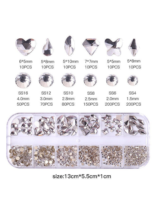 12-Grid Flat Diamonds Special-shaped Diamonds Manicure Tools Set Spot Drill Pencil + Curved Tweezers Dazzling Nail Art Decoration DIY Accessories