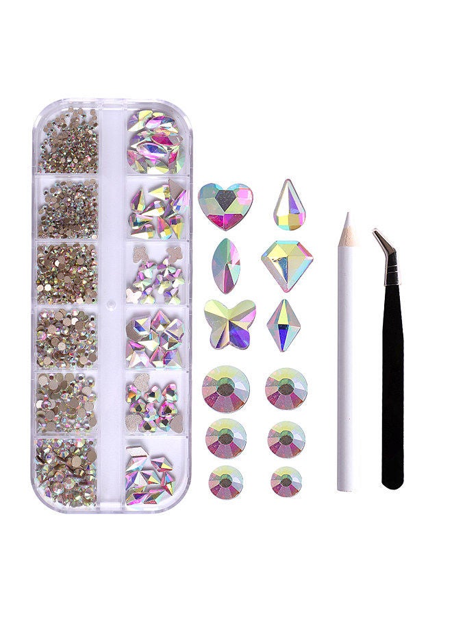 12-Grid Flat Diamonds Special-shaped Diamonds Manicure Tools Set Spot Drill Pencil + Curved Tweezers Dazzling Nail Art Decoration DIY Accessories