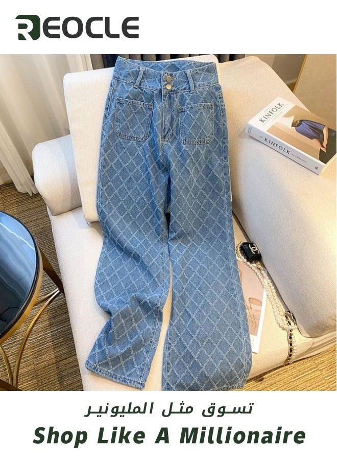 Wide Leg Jeans for Women Luxury Trendy High Waisted Trousers with Retro Checkered Pattern and Metal Button Stretchy Denim Pants for Travel Date Party