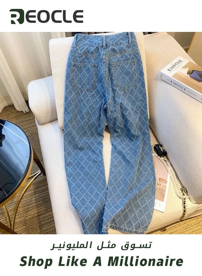 Wide Leg Jeans for Women Luxury Trendy High Waisted Trousers with Retro Checkered Pattern and Metal Button Stretchy Denim Pants for Travel Date Party