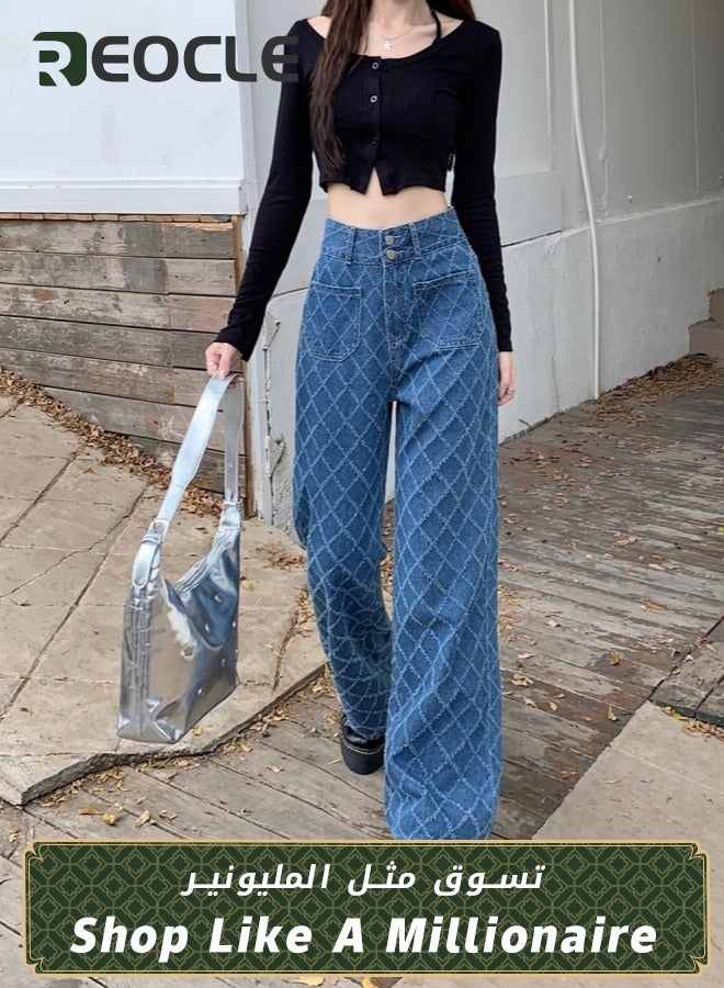 Wide Leg Jeans for Women Luxury Trendy High Waisted Trousers with Retro Checkered Pattern and Metal Button Stretchy Denim Pants for Travel Date Party