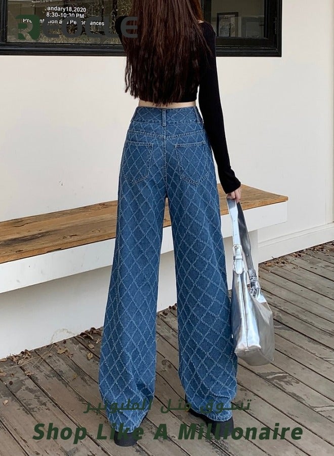 Wide Leg Jeans for Women Luxury Trendy High Waisted Trousers with Retro Checkered Pattern and Metal Button Stretchy Denim Pants for Travel Date Party