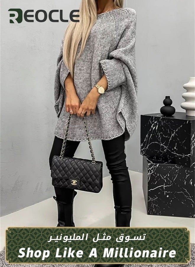Women's Winter Sweater Pullover Sweater Cape Cowl Neck Batwing Sweater with Round Neck Loose Casual Knit Tops for Travel Office