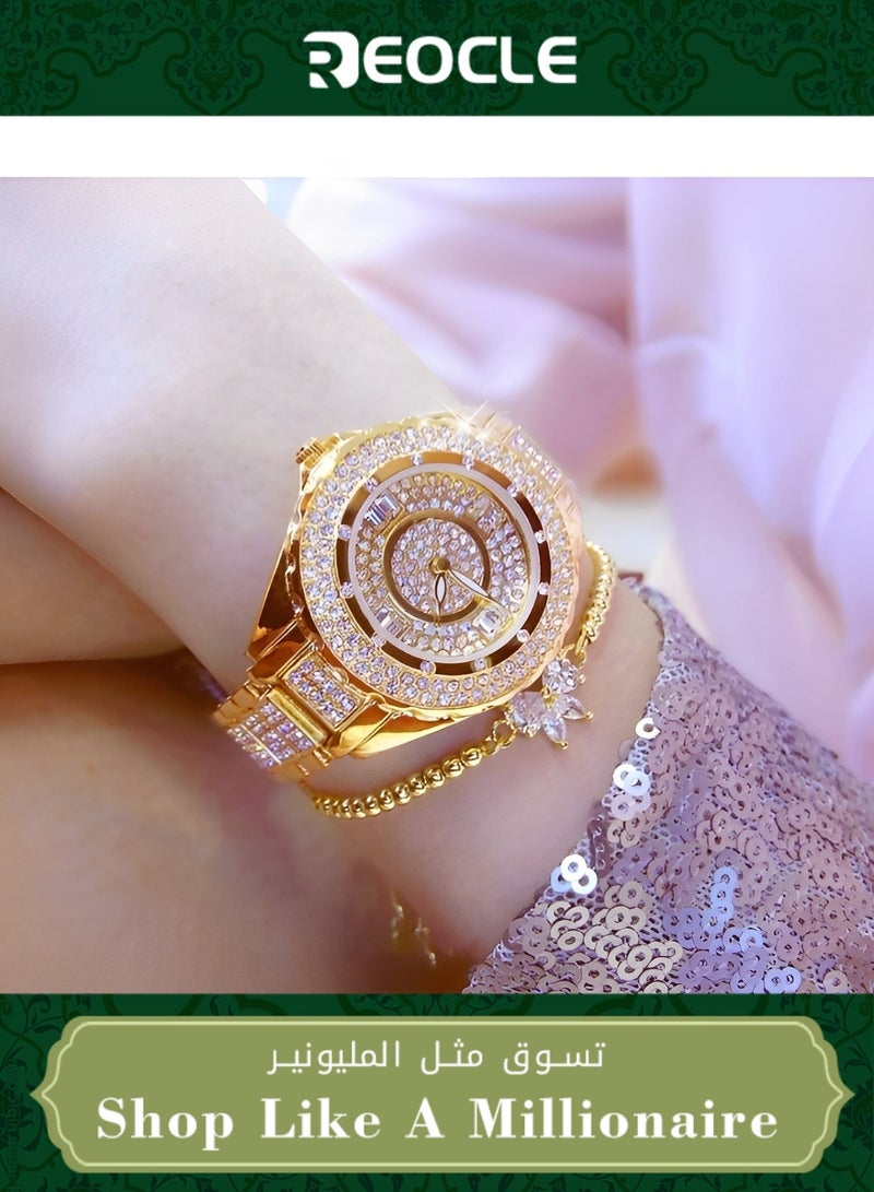 Fashionable Versatile Waterproof Super Shiny Dial Gold Fully Automatic Non-Mechanical Quartz Women's Watch Full of Diamonds
