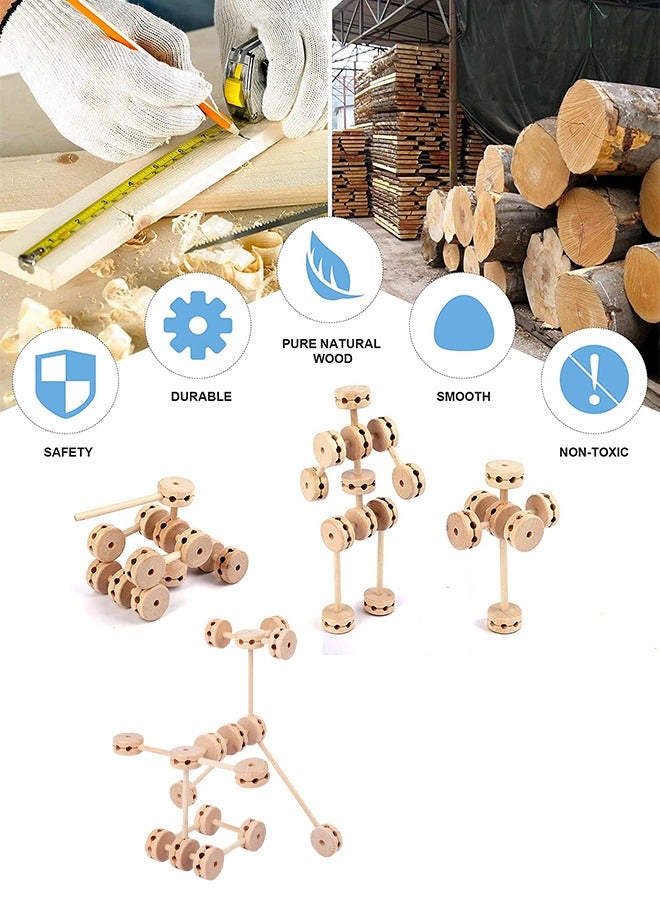 60 Pieces Wooden Building Block Toys for Kids, Montessori STEM Toy for Kids, Natural Wood Splicing Joints and Sticks Educational Sensory Tinker Creative 3D Playset Stacking Game