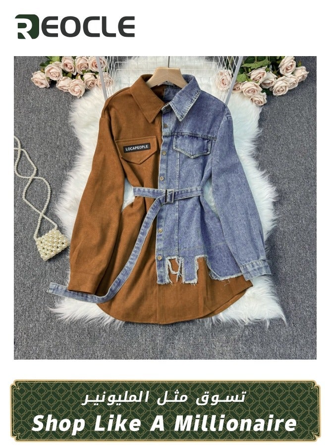 Women's Vintage Denim Blouses Lapel Long Sleeve Slim Waist Contrast Color Shirt Casual Mid Length with Belt