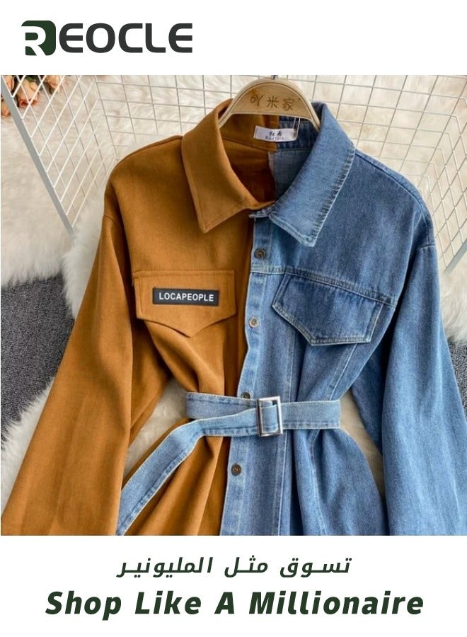 Women's Vintage Denim Blouses Lapel Long Sleeve Slim Waist Contrast Color Shirt Casual Mid Length with Belt