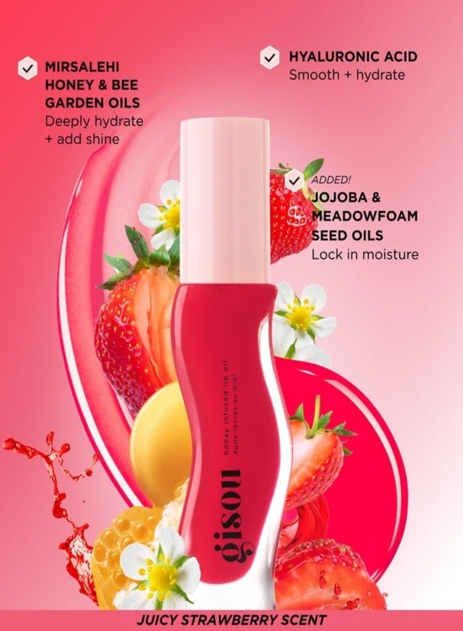 GISOU Honey Infused Lip Oil Strawberry Sorbet - Sheer Pinky Red, Hydrating & Nourishing Lip Treatment (0.27 oz / 8 ml)